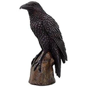 Black Raven Bird on Stump Statue Cold Cast Resin Figurine